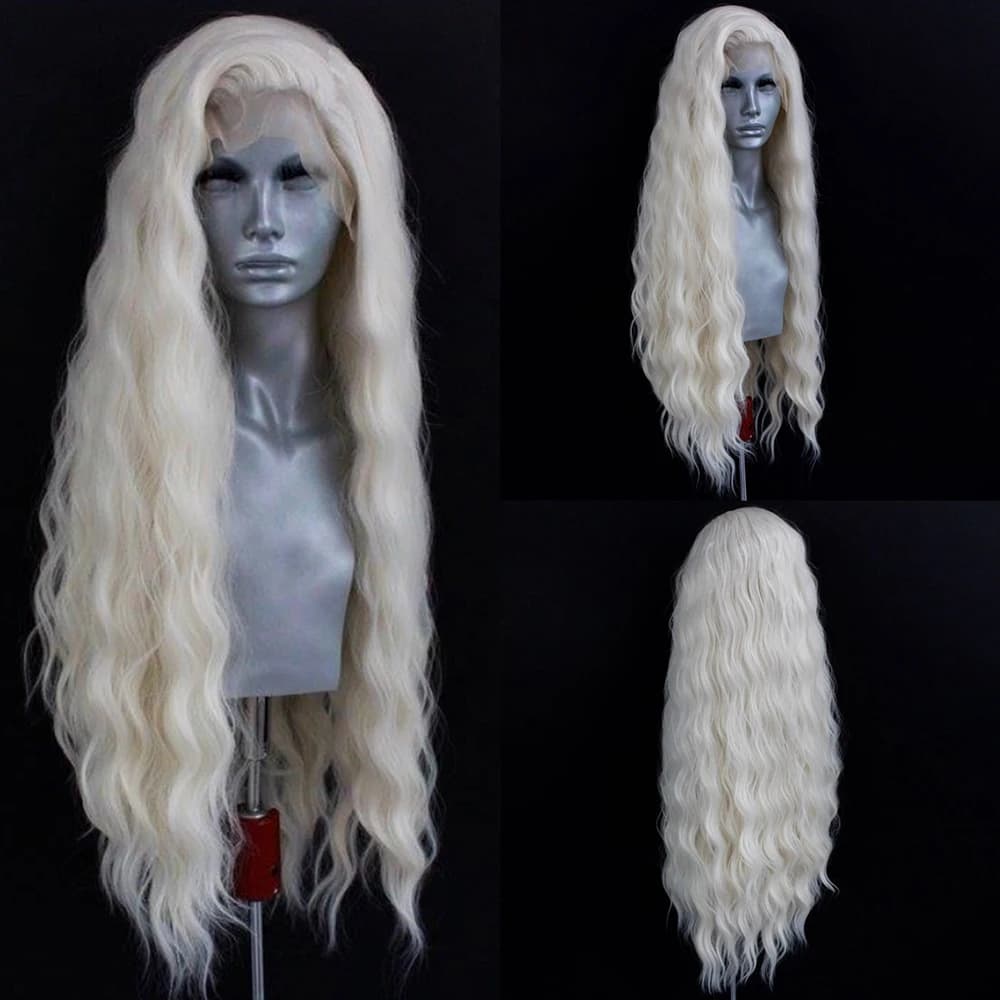 Perruque Lace Front Wig synthétique ondulée Blonde platine, perruque longue ondulée naturelle pour f