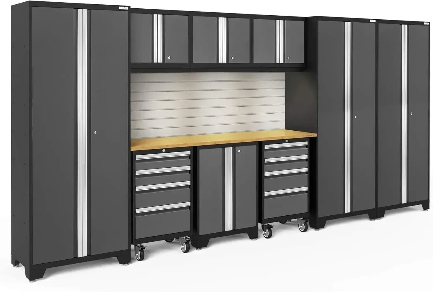 Offre Spéciale : Série Bold, Ensemble de 10 Armoires de Garage en Acier Gris avec Plan de Travail en