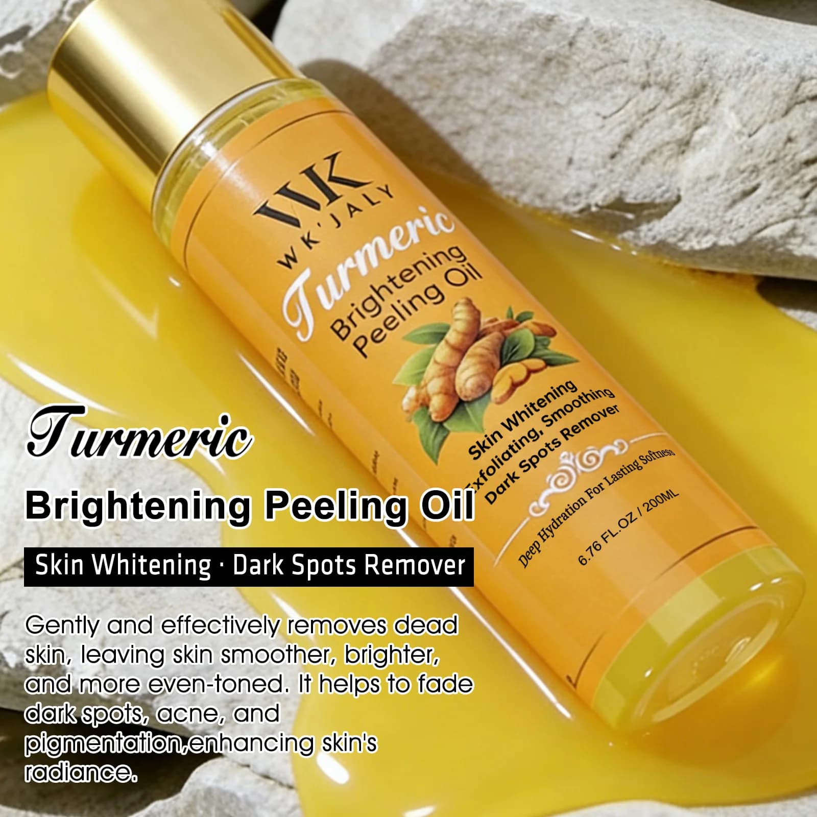 WK JALY Huile exfoliante jaune pour tous les tons de peau, au curcuma naturel, éclaircissante, améli