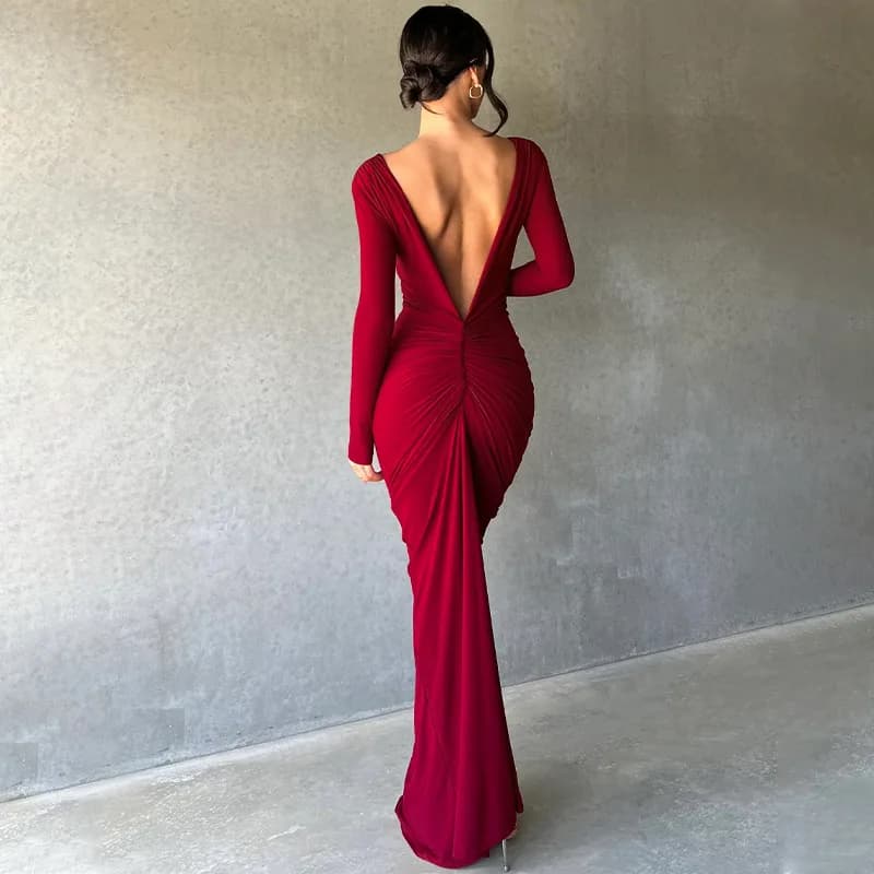Cryptographic-Robe Maxi Froncée et Drapée en V Profond, Tenue Élégante en Tricot à Manches sulf, pou