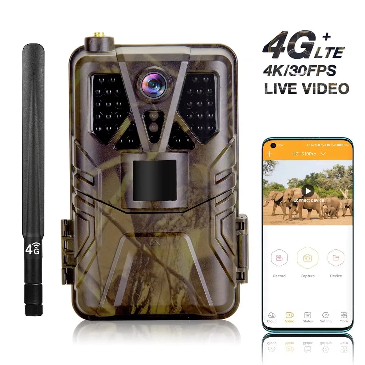 Caméra de chasse 4K 30fps avec contrôle par application, service cloud, 4G, 30MP, diffusion en direc