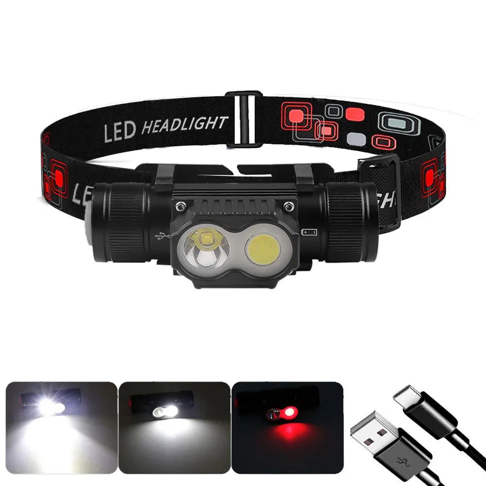 SOLOLANDOR type-c blanc rouge LED phare pêche 18650 phare torche chasse lampe frontale fonction de m
