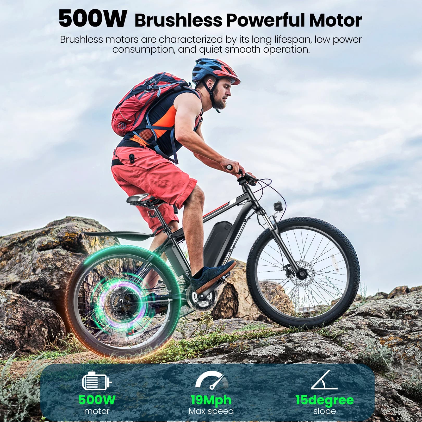 VTT Électrique de 26 Pouces avec 500W, Batterie Perfecto de 48V, 20MPH, Jusqu'à 50 Miles, Régulateur