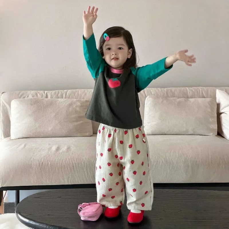 Pantalon d'automne pour fille, imprimé fraise, taille élastique, abricot, Long, décontracté, pour en