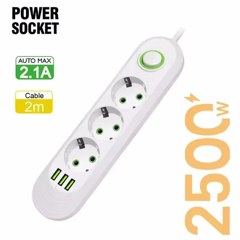 Multiprise 2500W avec 3 Ports USB, prise ue, câble d'extension de 2m, charge rapide, broche ronde, p