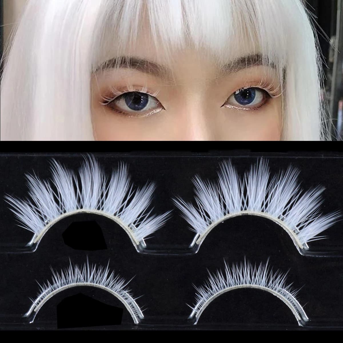 2 paires/cas 3D cils blancs bande claire couleur neige cils Cosplay Halloween Manga cils maquillage 