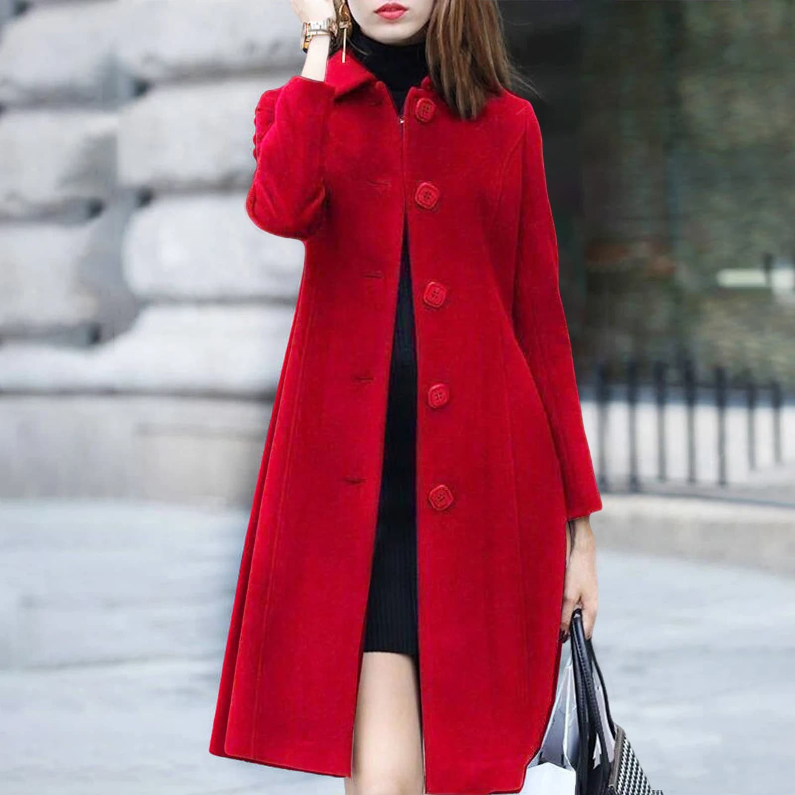 Veste mi-longue à col rabattu pour femme, manteau, simple boutonnage, couleur unie, élégante, douce,