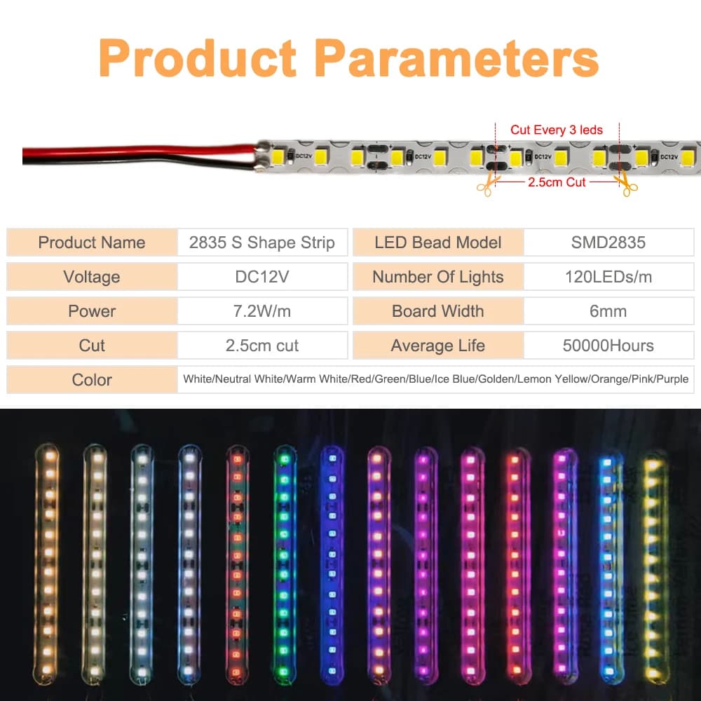 Guirxiété Lumineuse Pliable en Forme de S, DC 12V, 2835 SMD, 6mm de Largeur, 120LED/m, Flexible, DIY