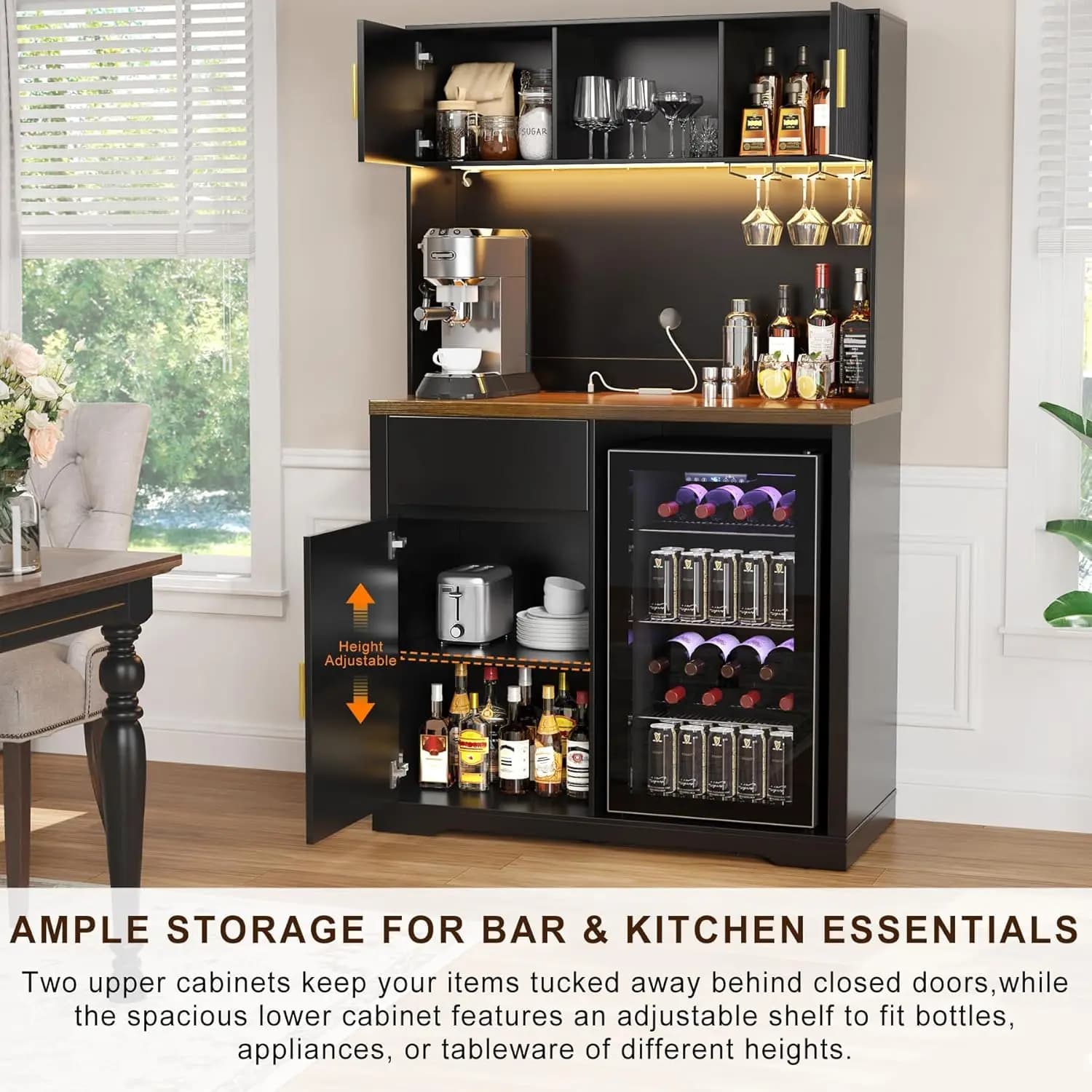 Armoire de bar haute de 72 pouces avec espace réfrigérateur, armoire à liqueur et à café à nervures 
