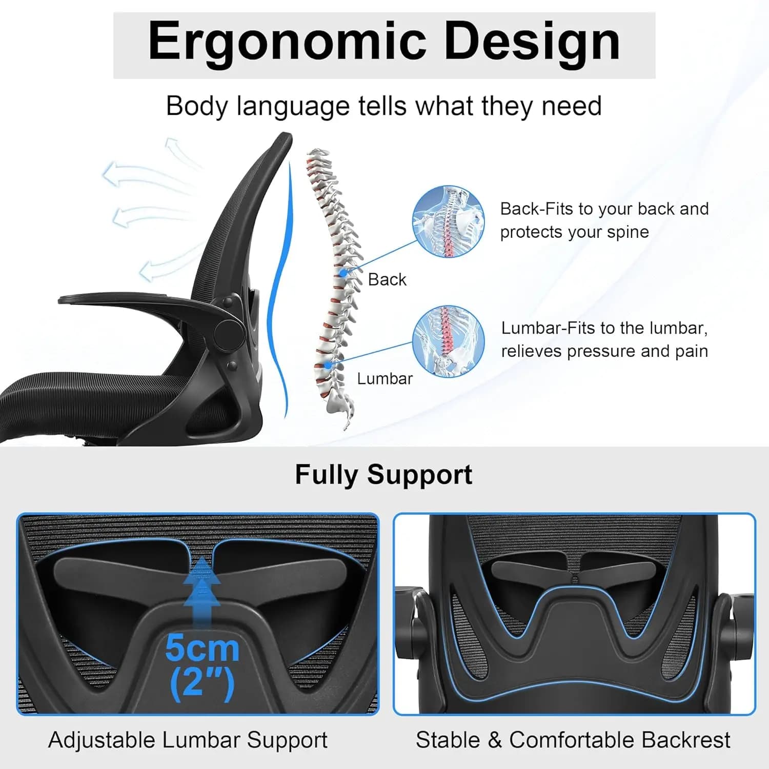 Chaise de bureau haute ergonomique avec accoudoirs relevables, chaise de direction pour bureau debou