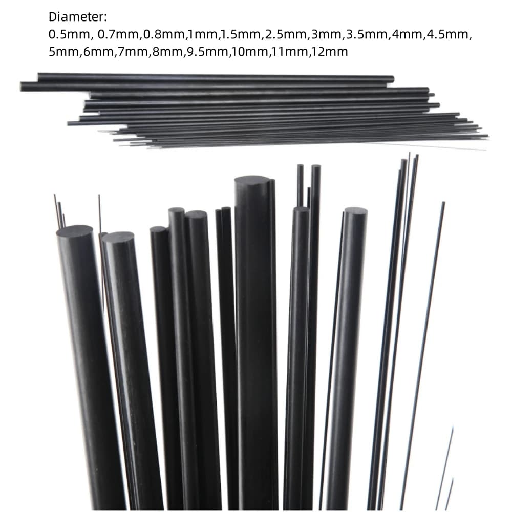 Tiges solides en Fiber de carbone, diamètre 0.5mm ~ 12mm, arbre cylindrique en carbone pour modèles 