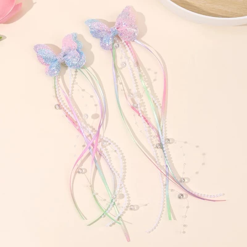 Pince à cheveux à paillettes papillon arc-en-ciel pour enfants, 2 pièces, ruban de perles, pince à c