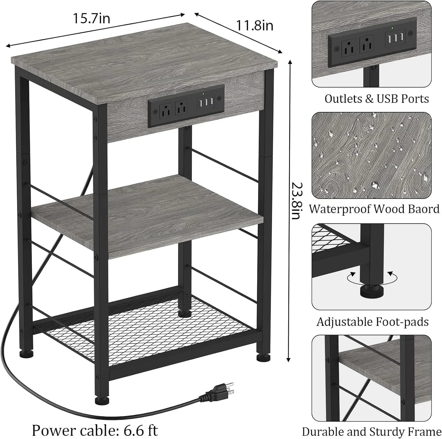 Table de chevet avec station de développement, table d'appoint à 3 étages avec port USB et prise, ta