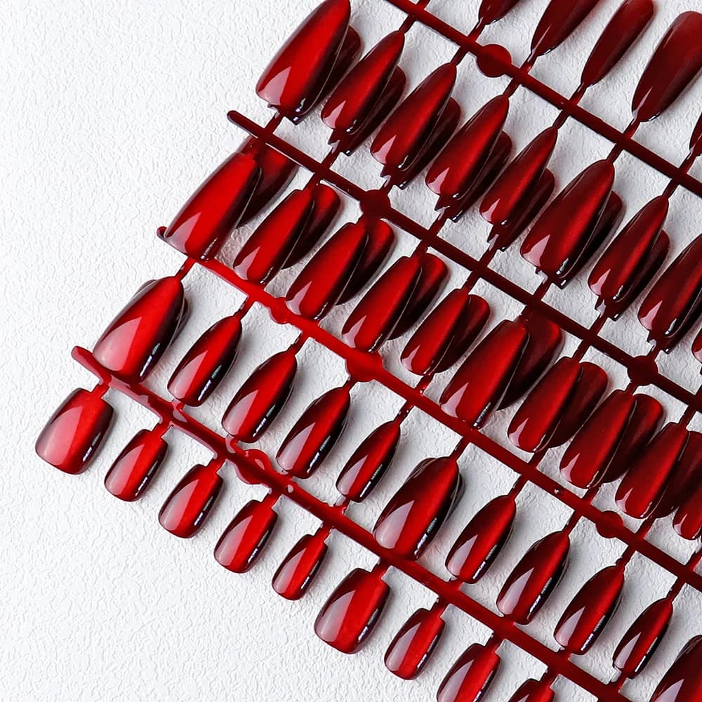30 pièces aimant rouge oeil de chat faux ongles amande longue cercueil brillant faux ongles carrés f