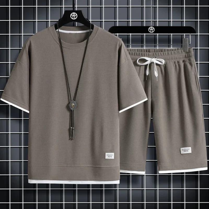 Ensemble de sport d'été pour hommes, T-Shirt + Short décontracté, couleur unie gaufrée, Short à manc