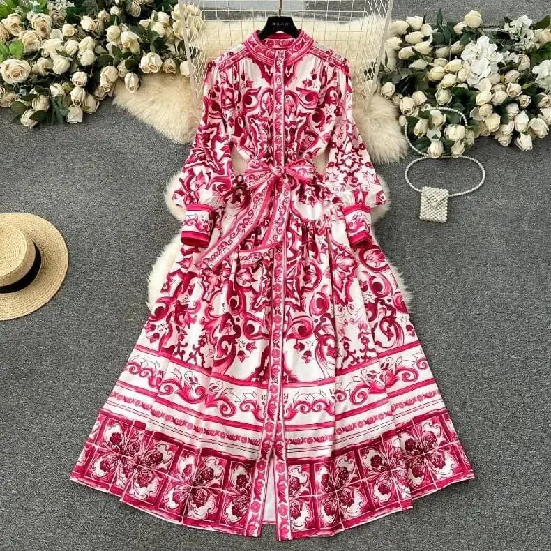 Robe longue en porcelaine à boutonnage simple pour femme, imprimé floral jaune, ceinture en dentelle