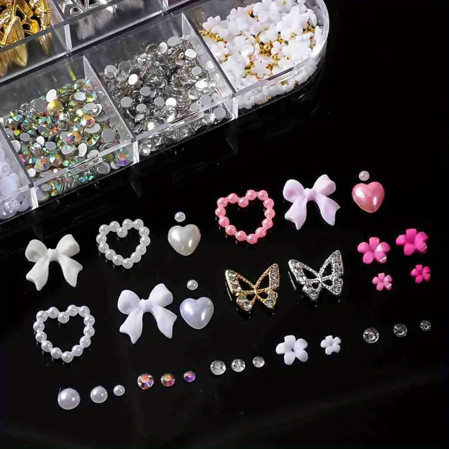 Strass pour ongles en alliage mixte, 12 grilles, nœud papillon, Mini fleur, gemmes, perles, cœur, dé