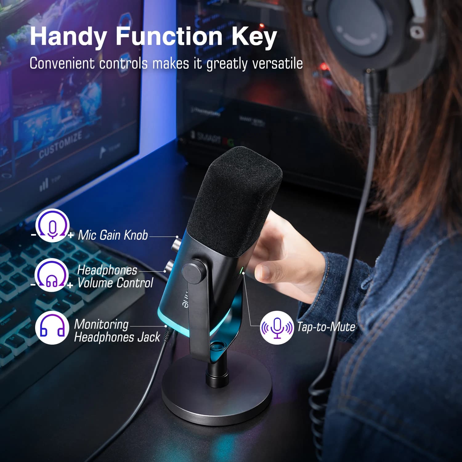 FIFINE-Microphone dynamique USB/XLR avec contrôle RVB/prise téléphonique sauna/muet, MIC pour PC Gam