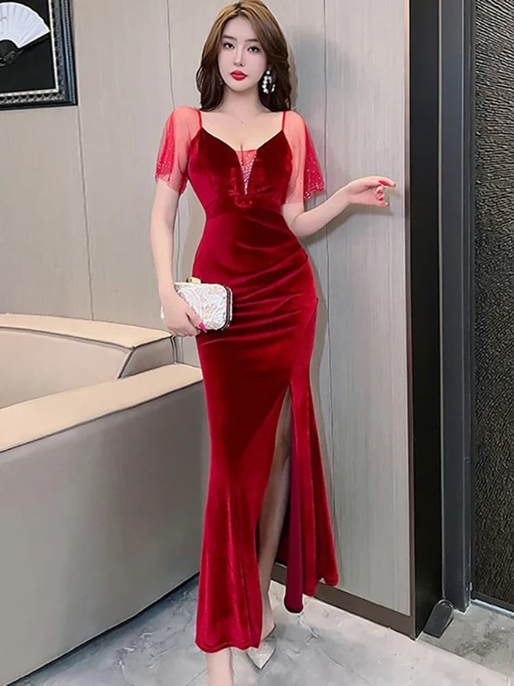 Robe de soirée moulante coréenne élégante et luxueuse en velours bleu avec diamants transparents pou
