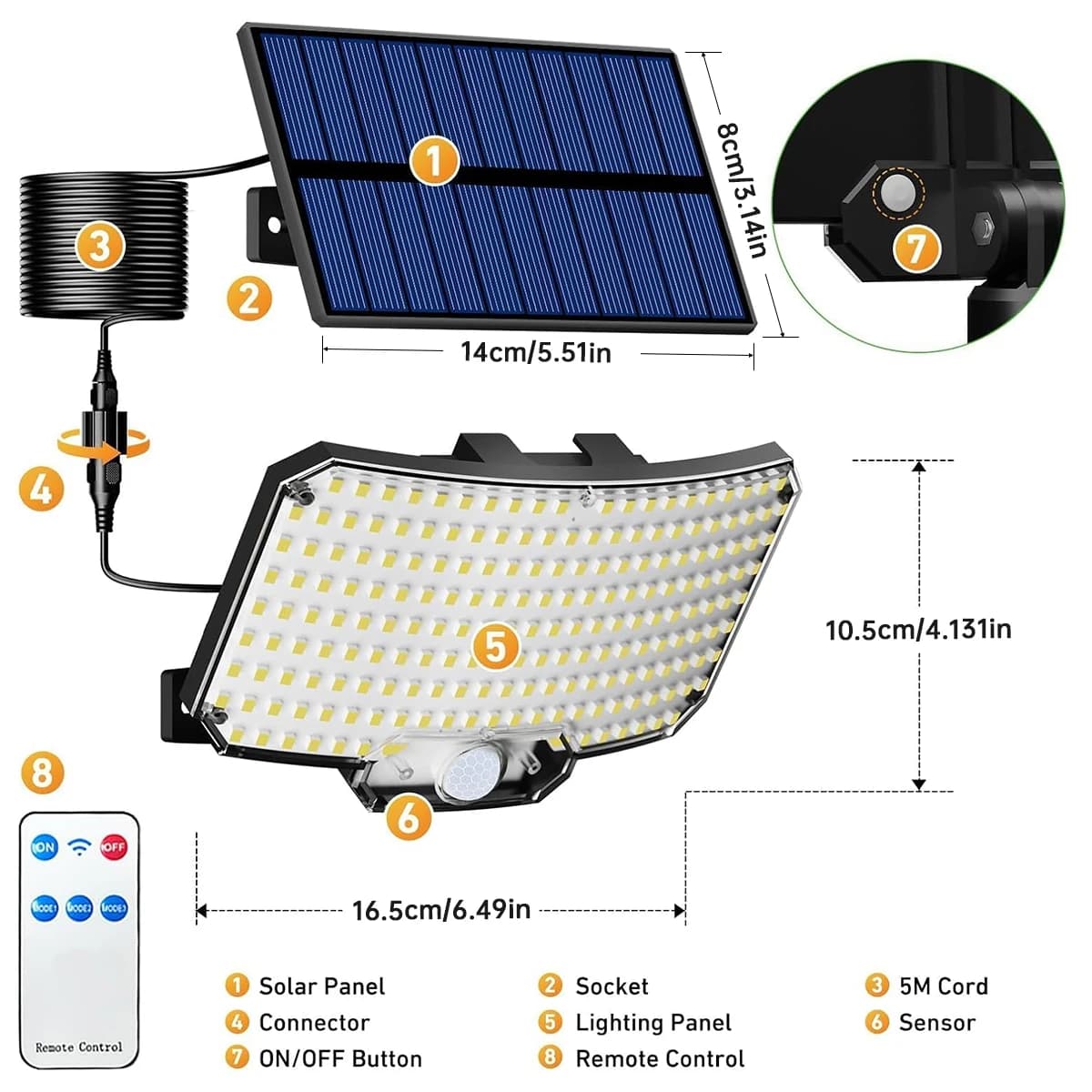 Lampes solaires d'extérieur avec détecteur de mouvement, projecteurs à distance, sécurité étanche IP