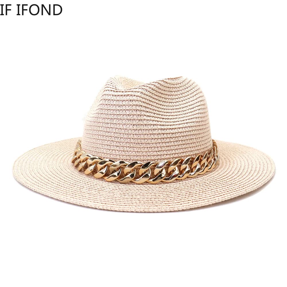 Chapeaux de paille pour femmes, chaîne en or, ceinture, Panama, pour la plage, respirants, élégants,