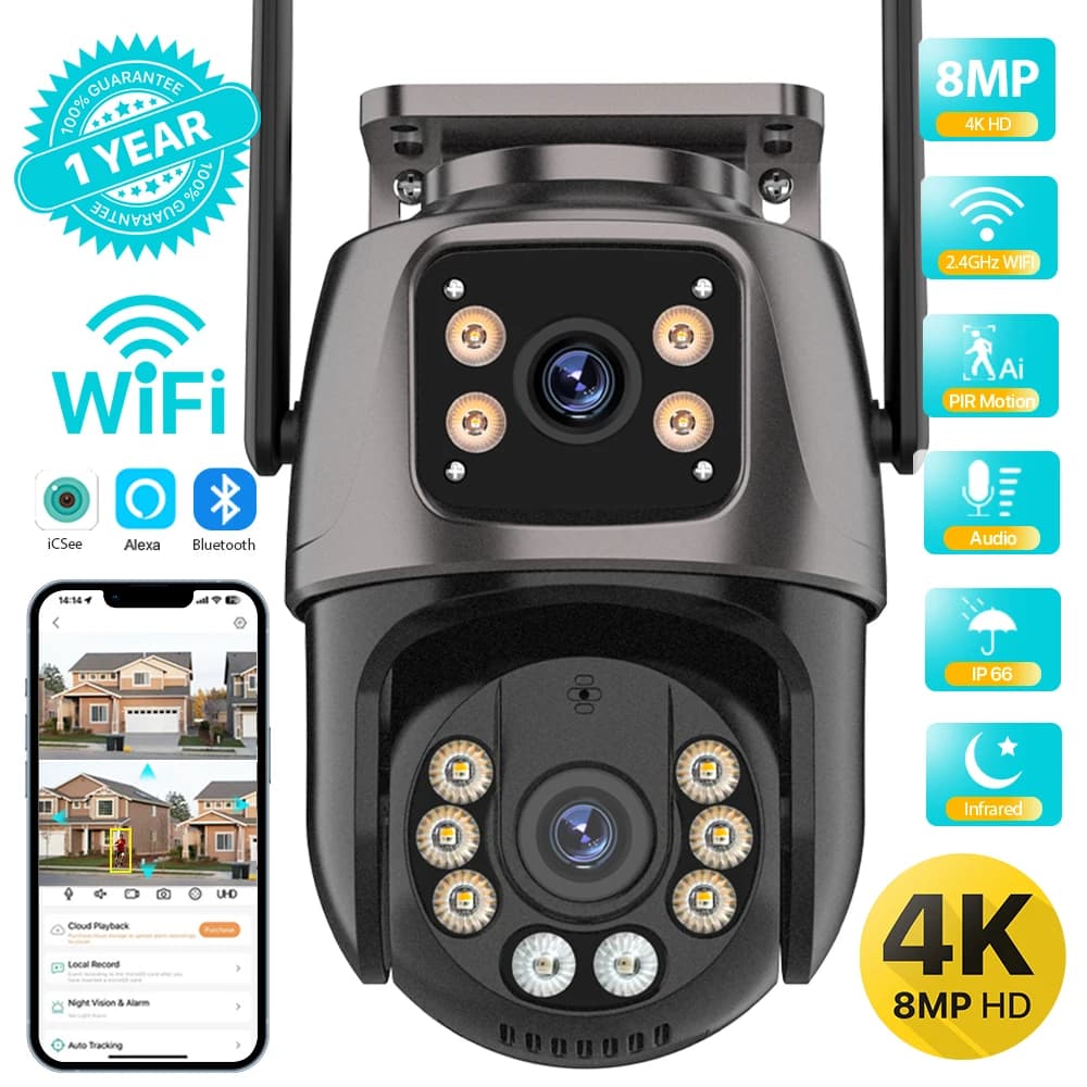 4K 8MP HD Wifi PTZ caméra extérieure 4MP double objectif double écran AI suivi automatique caméra IP