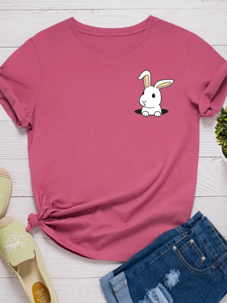 Poche lapin imprimer femmes t-shirt à manches courtes col rond lâche femmes t-shirt dames t-shirt ha