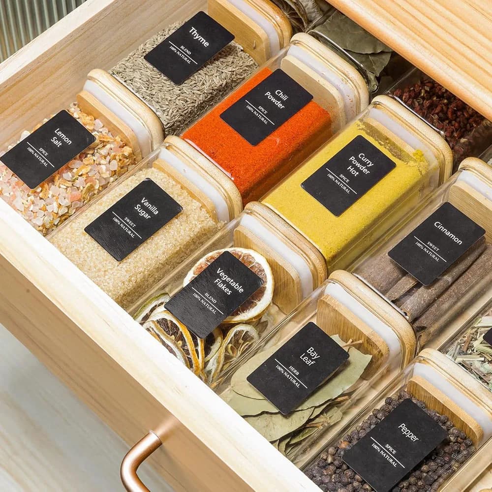 Bocaux à épices en verre avec couvercle en bambou, contenants carrés hermétiques de 8 oz avec étique