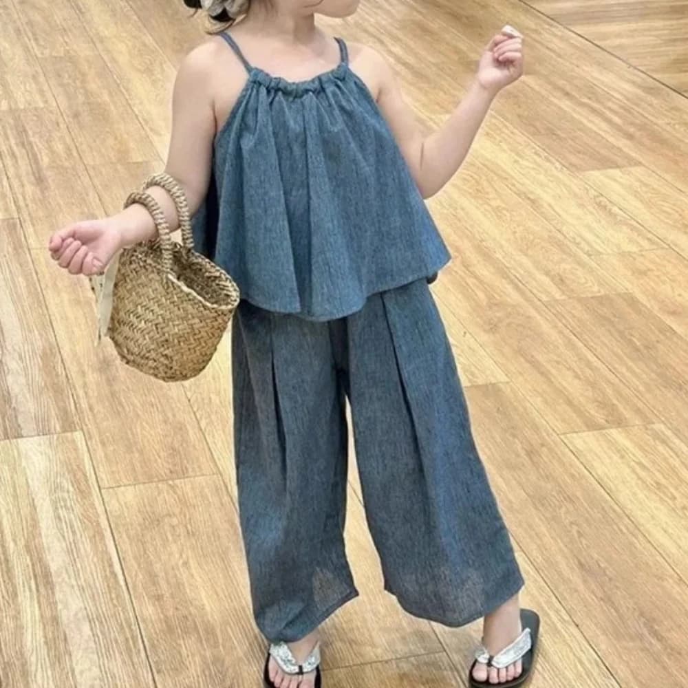 Tenue d'été Simple et décontractée pour filles, haut à bretelles sans manches + pantalon, ensemble 2
