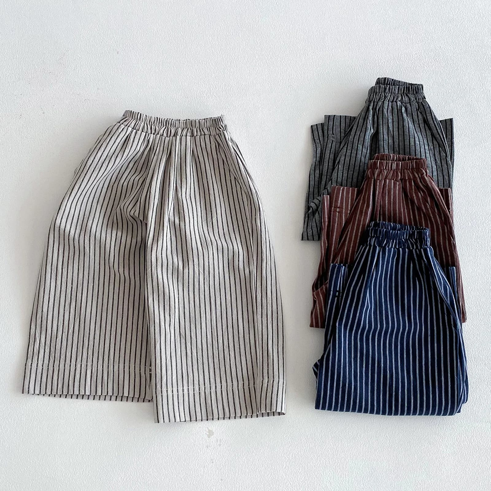 Pantalons en lin et coton à rayures pour garçons et filles, vêtements pour enfants, automne et print