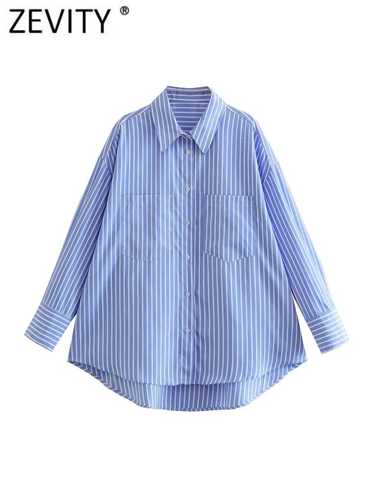 Zevity femmes mode blanc bleu rayé imprimé chemise ample bureau dame Double poche Patch Smock Blouse