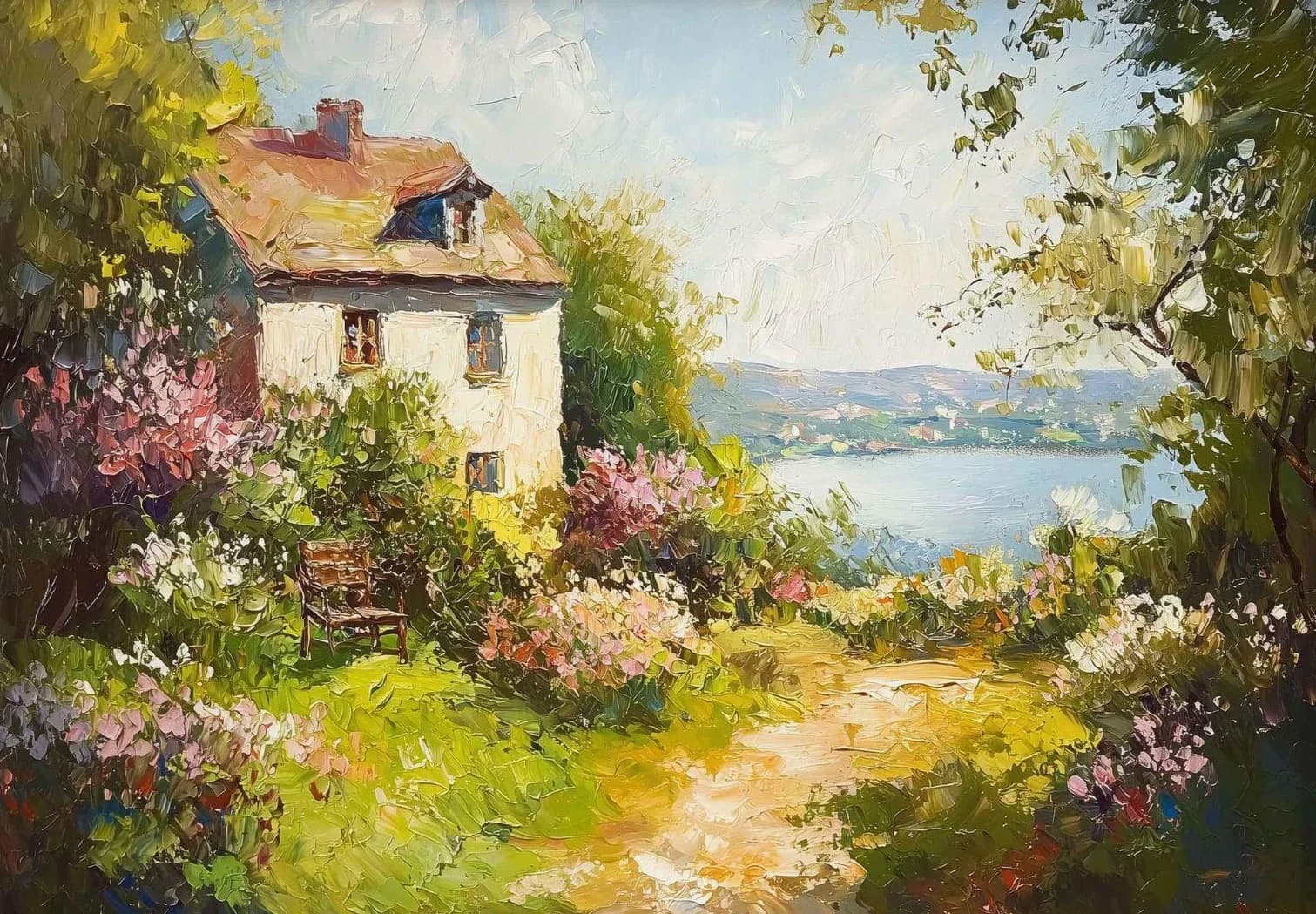 Peinture à l'huile sur toile, affiche imprimée, paysage campagnard estival, chalet, rivière, jardin 