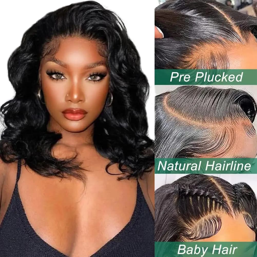 Perruque Courte Bob Ondulée 250% Body Wave HD Lace Frontal en Cheveux Humains, Sans Colle, Perruques