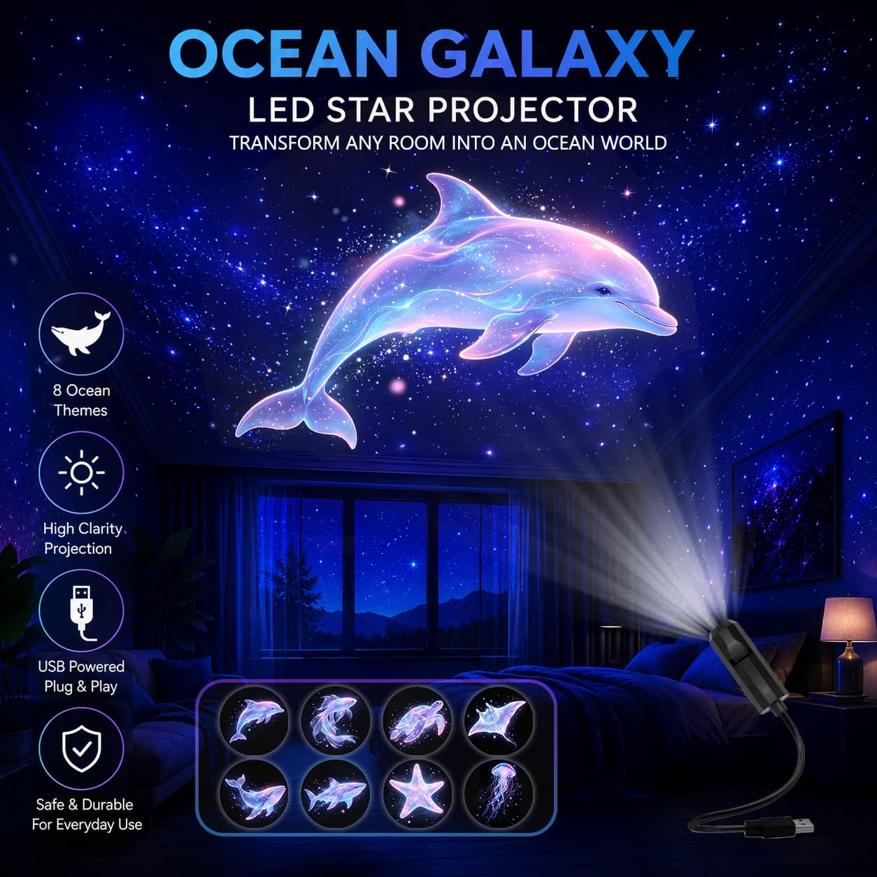 Des projecteurs à thème océanique avec huit motifs d'animaux marins décorent le plafond, créant une 