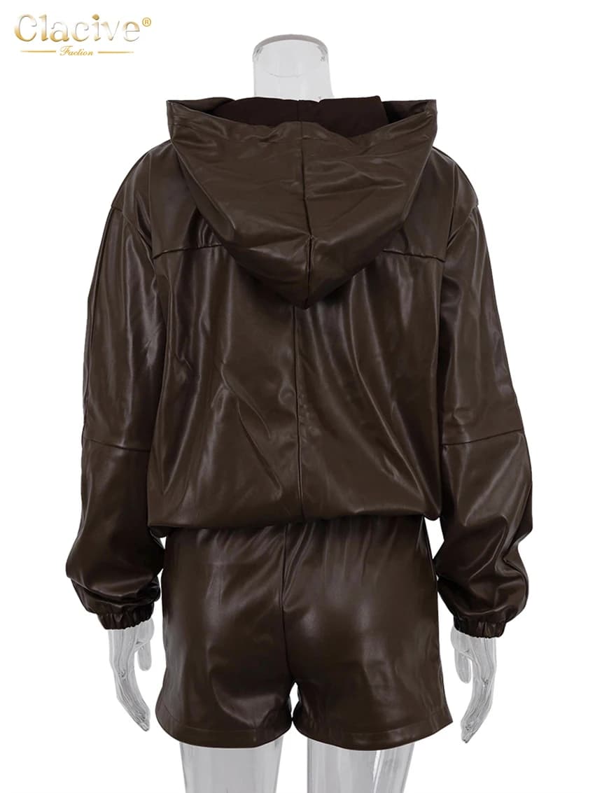 ClacMarkets-Ensemble 2 pièces en cuir PU marron pour femme, haut à capuche élégant, manches longues,