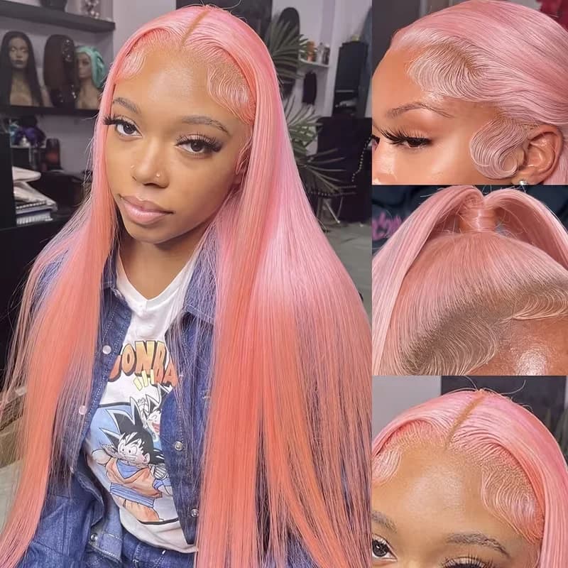 Perruques de cheveux humains droites roses 13X4 13X6 Hd perruques frontales en dentelle 32 36 pouces
