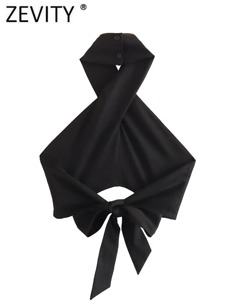 Zevity femmes Sexy sans manches dos nu nœud noué noir licou Blouse Femme sangle croisée chemise cour