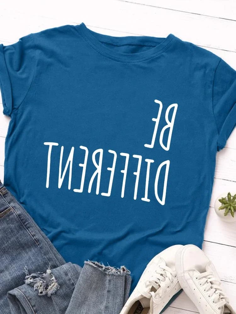 T-shirt manches courtes col rond femme, décontracté, avec lettres imprimées à l'envers, Be Different