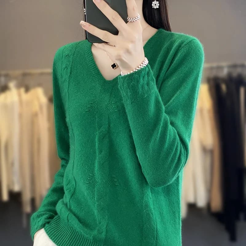 Pull jacquard torsadé à col en V pour femmes, pull en pure laine, tricots décontractés pour femmes, 