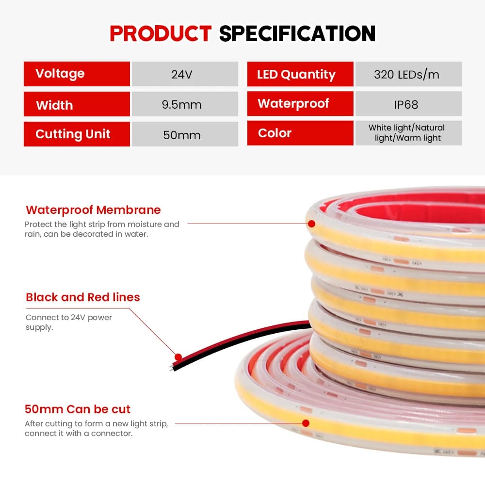Bande lumineuse LED COB étanche IP68, 12V 24V, 320 diodes/m, haute luminosité, RA90, Flexible, pour 