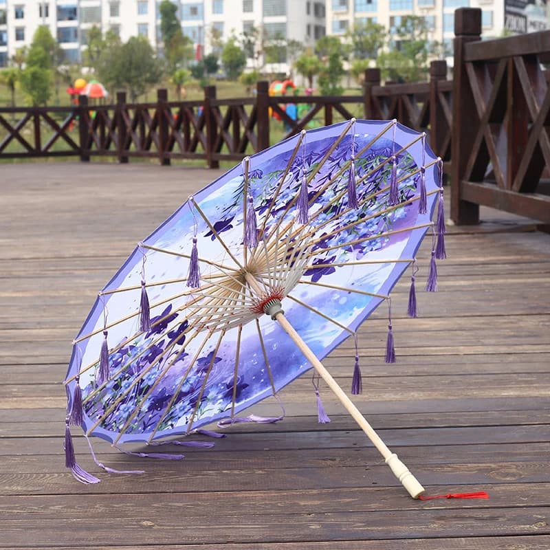 Parapluie en tissu de soie 82CM, pompon, Cosplay Hanfu, papier à l'huile, Style chinois ancien, Styl