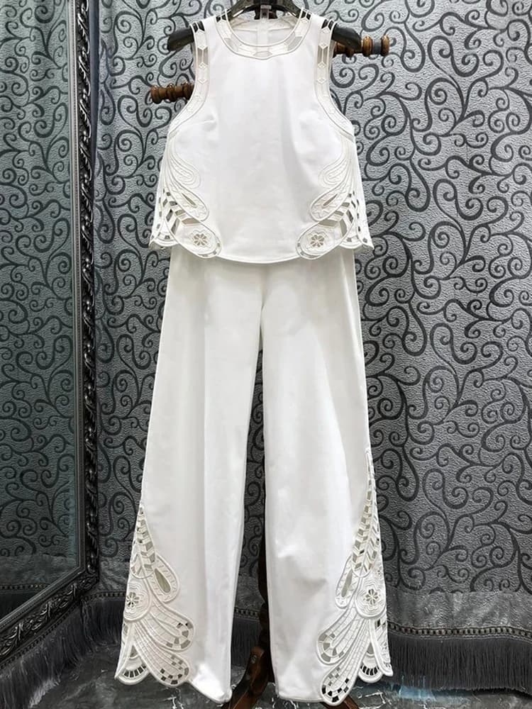 Printemps/été 2025 nouveau haut sans manches à col rond creux brodé + pantalon droit décontracté mod