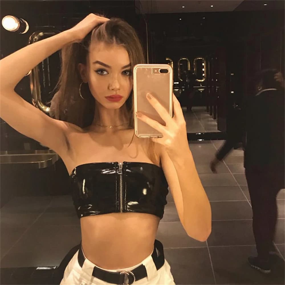 Débardeur court sexy en similicuir PU noir brillant avec fermeture éclair, style bandeau, bustier, b