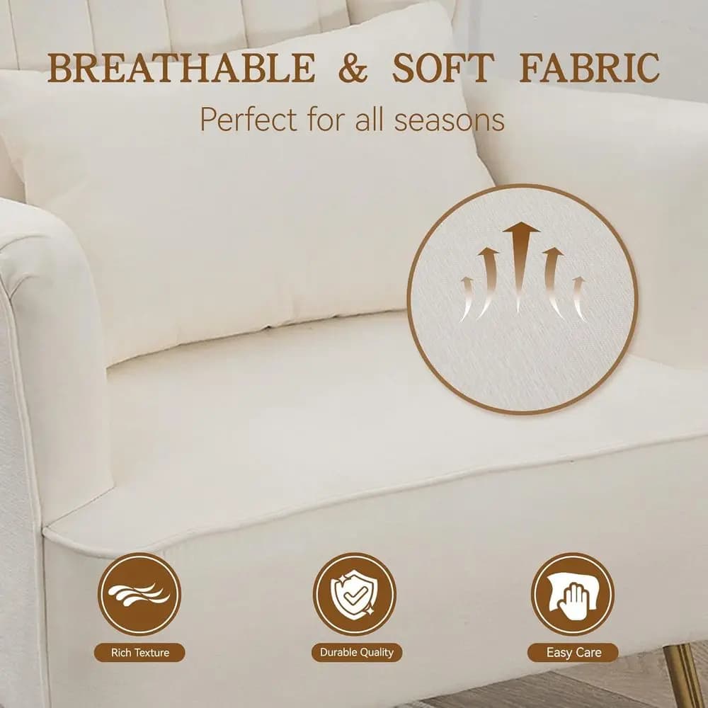 Fauteuil à oreilles blanc moderne du milieu du siècle, avec oreiller et pieds dorés, coussin de 8.5 