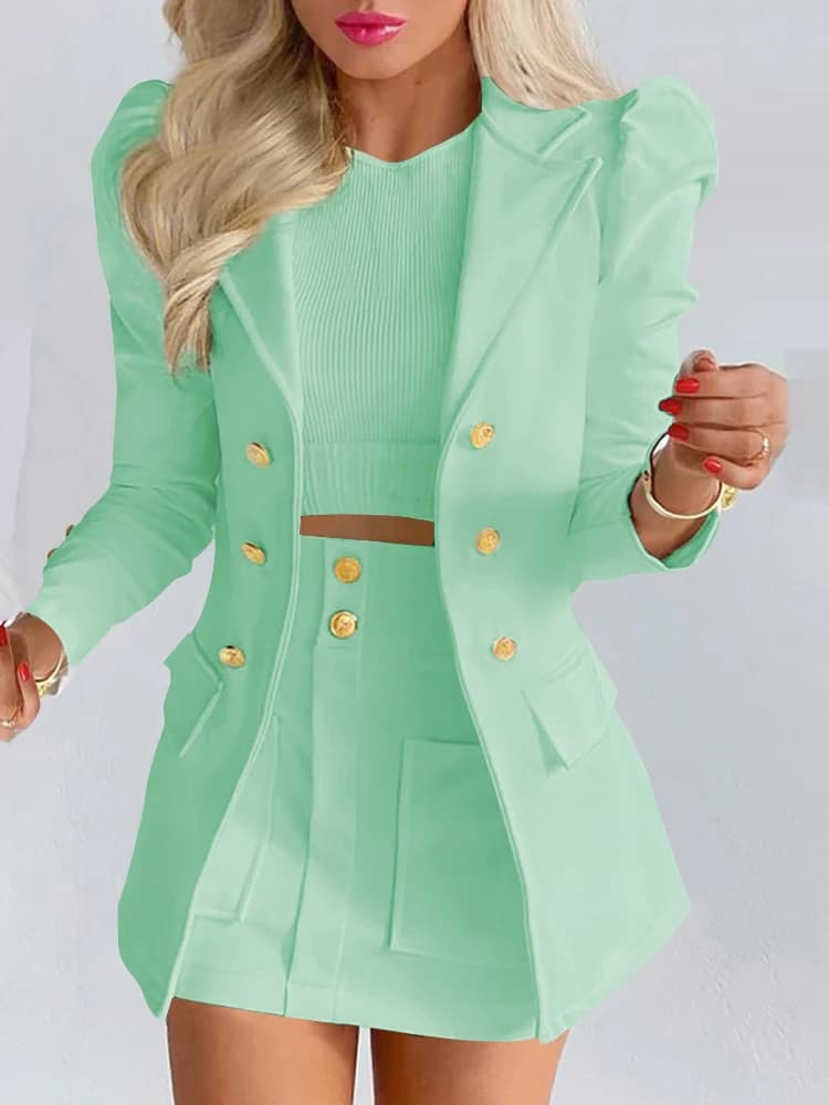 Ensemble Deux Pièces pour Femme, Tenue de Bureau, Couleur Unie, Manches Bouffantes, Jupe à lèvent Ta