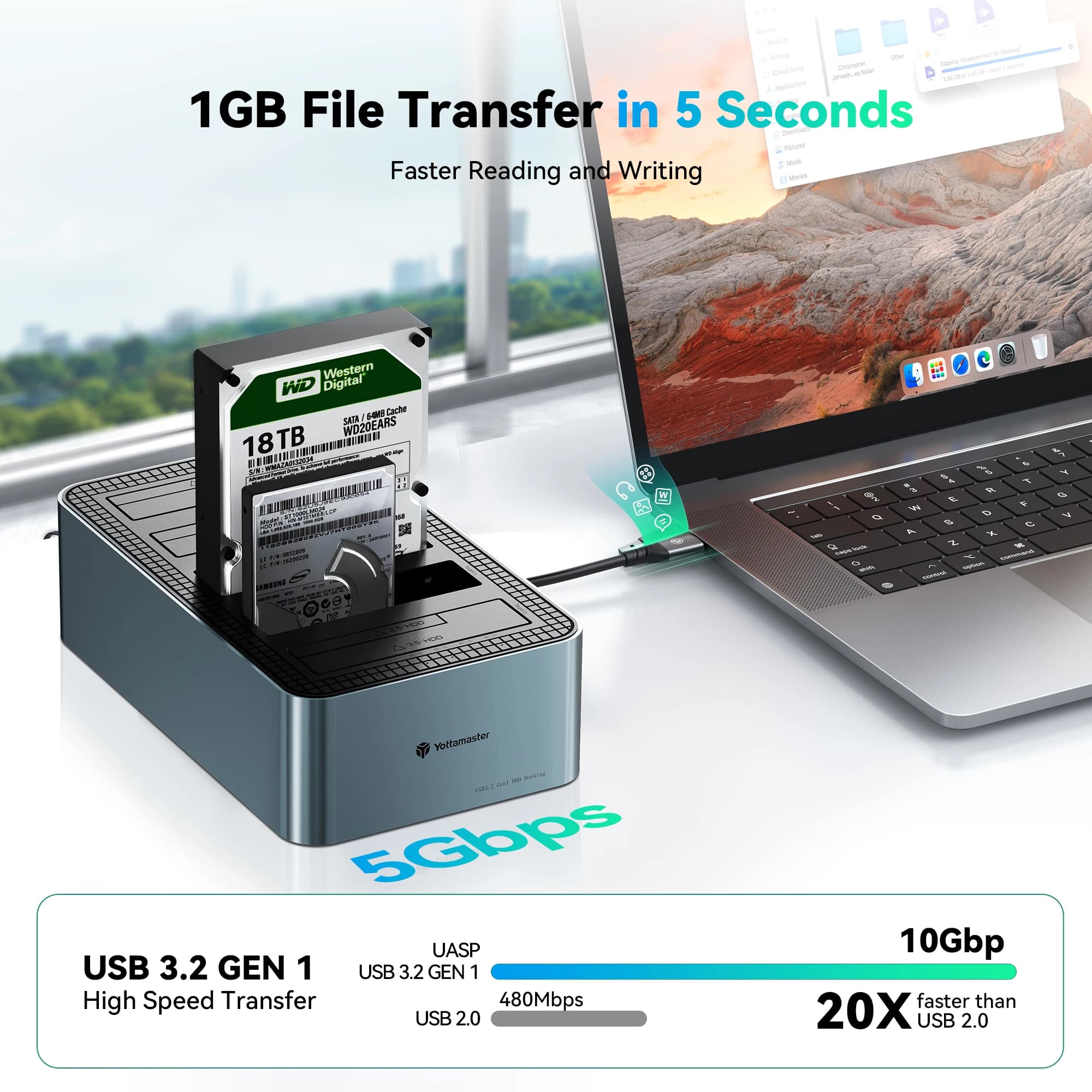 Yottamaster Station d'accueil HDD 5 baies avec Clone hors ligne SATA vers USB3.0 2.5 "3.5'' Station 
