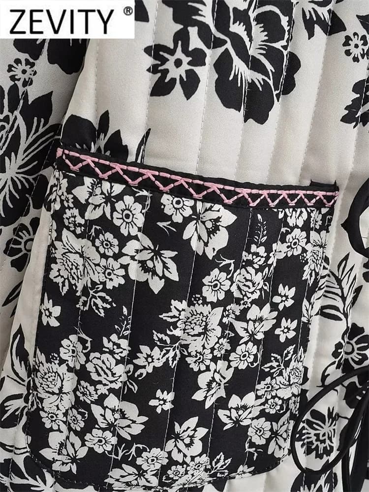 Zevity femmes Vintage Double imprimé fleuri à lacets coton veste manteau femme à manches longues poc