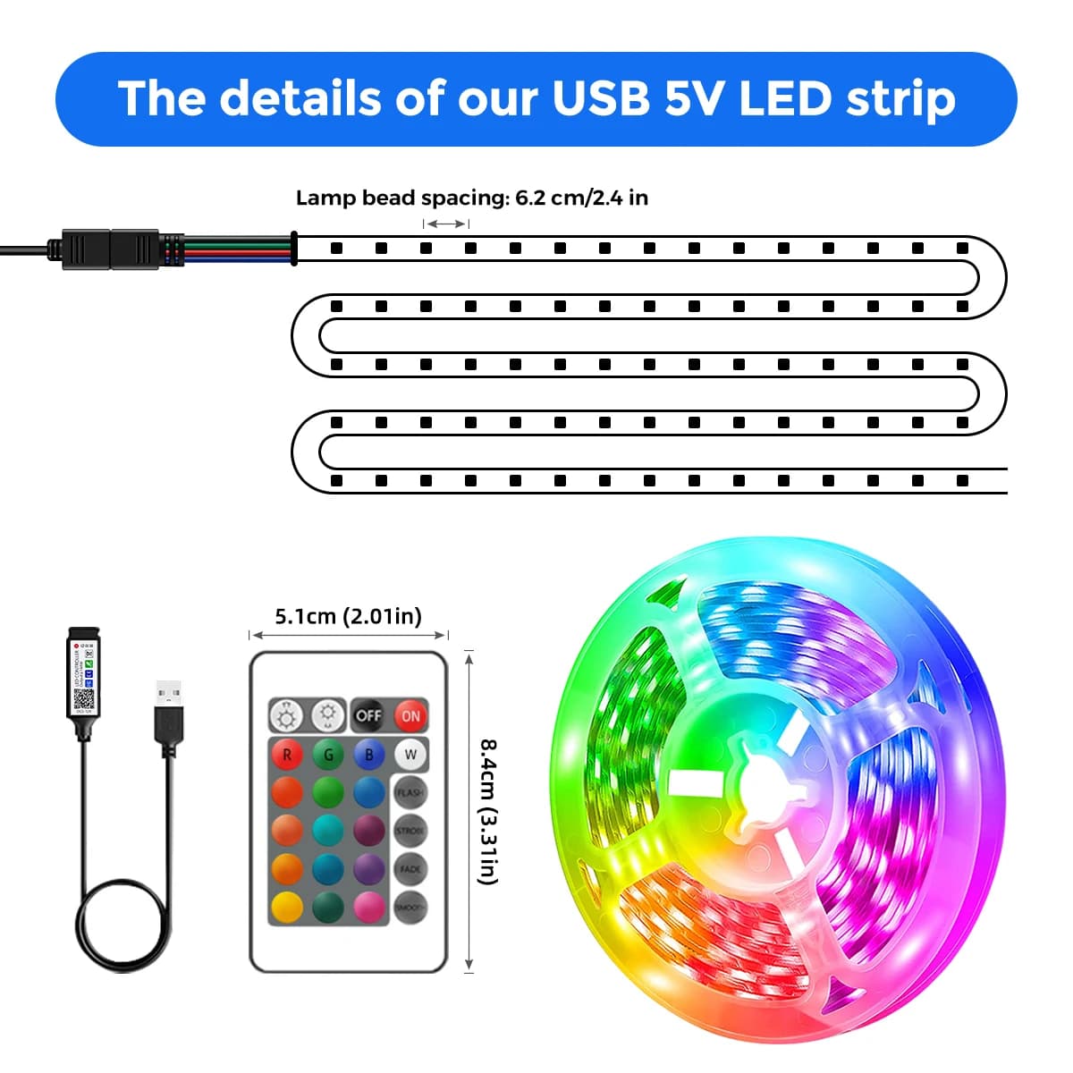 Bande lumineuse LED RGB, 5V 1M-30M, 16 millions de couleurs, RGB, synchronisation de la musique d'éc