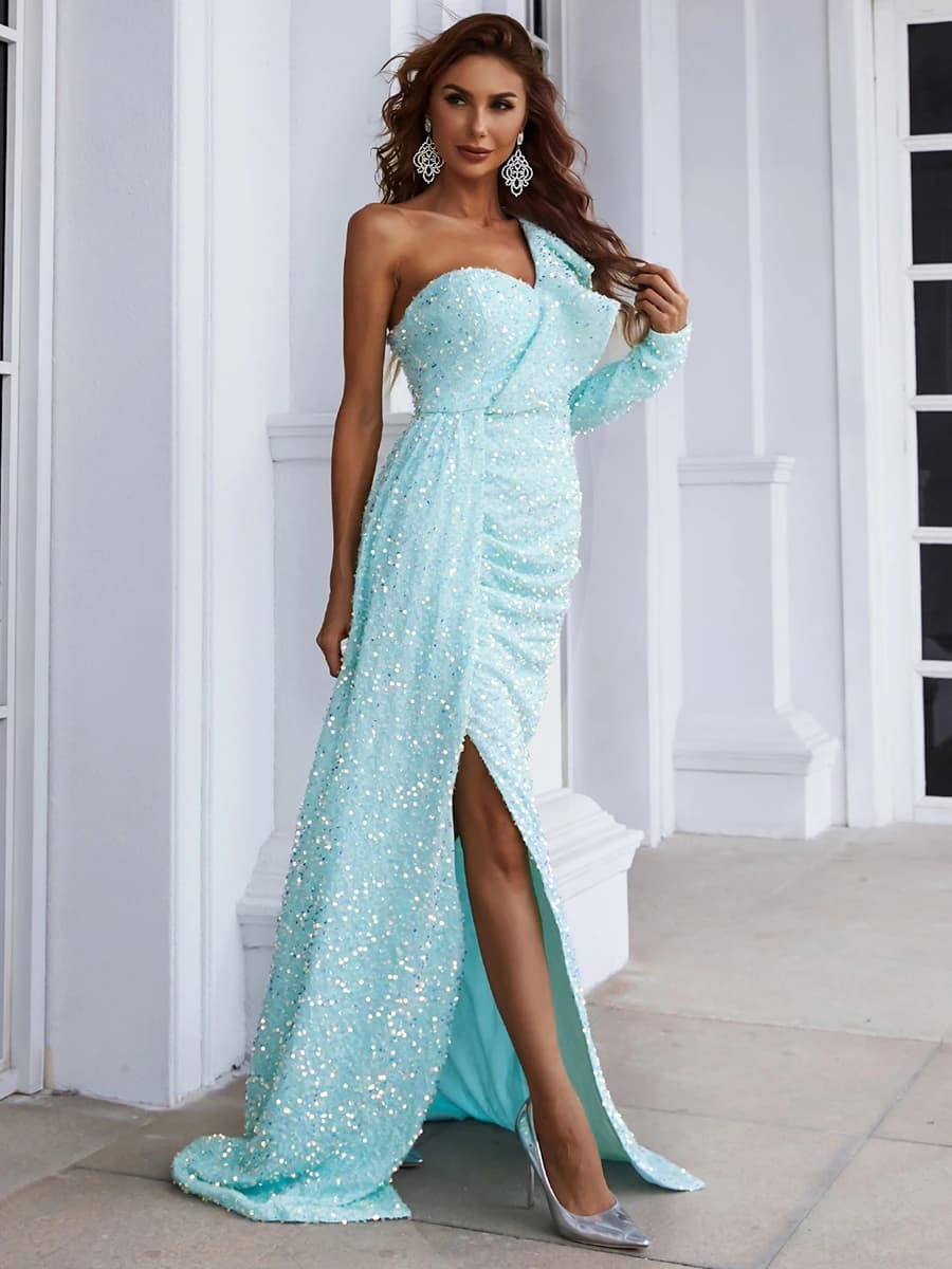 Robe de soirée Missord bleu clair à sequins pour femme, asymétrique à une épaule, manches longues, v
