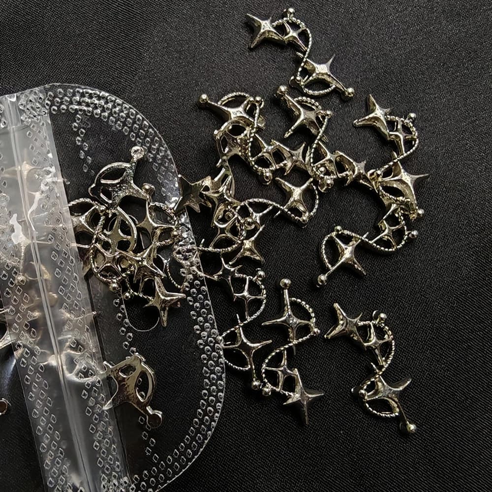 Breloques étoiles argentées pour ongles, bijoux métalliques 3D, gemmes météores évidées, décorations